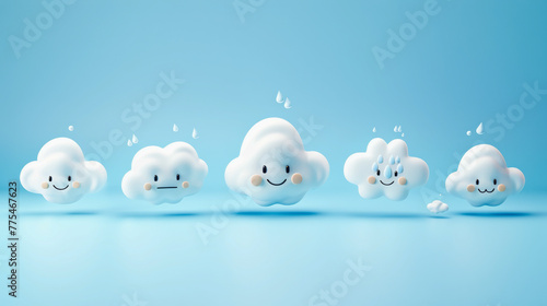 Five anthropomorphic cloud cartoons with various expressions floating against a soft blue background, projecting cheerfulness and playfulness. photo