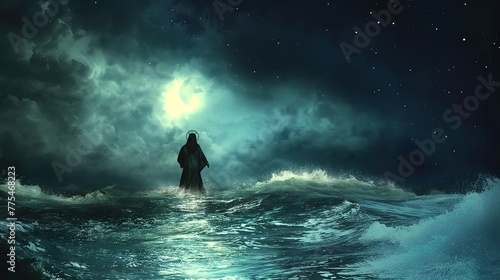 Jesus walking on water during a stormy night, digital illustration