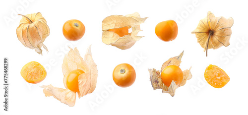 Fototapeta Naklejka Na Ścianę i Meble -  Ripe orange physalis fruits isolated on white, set