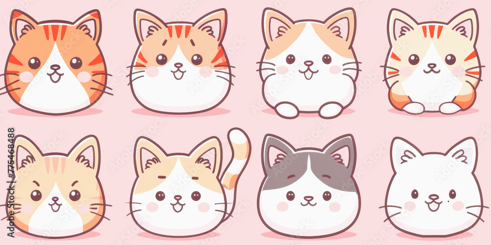 Eight cute cartoon cats with various colors and markings smiling in a stylized, adorable design on a light background.