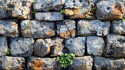 A textured stone wall with interstices where small green plants emerge, highlighting resilience and the coexistence of man-made and natural elements. photo