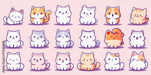 A collection of cute  cartoon-styled cats featuring a variety of patterns and expressions on a purple background.