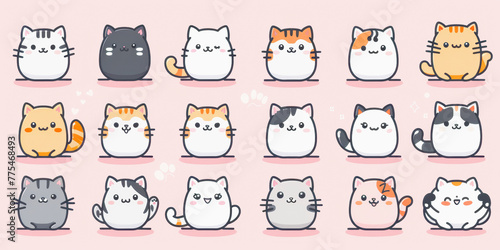 An adorable collection of sixteen cartoon cat illustrations with varied patterns and colors, showcased in two neat rows.