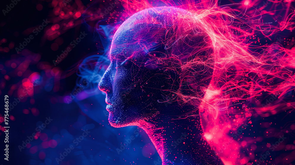 Digital art of a human profile with neon brain synapses symbolizing futuristic AI or advanced cognitive processes. Digital art of a human profile with neon brain synapses symbolizing futuristic AI or advanced cognitive processes.