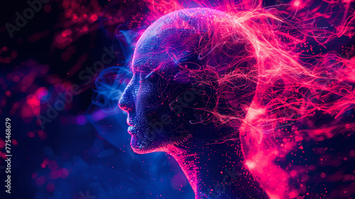Digital art of a human profile with neon brain synapses symbolizing futuristic AI or advanced cognitive processes. #775468679