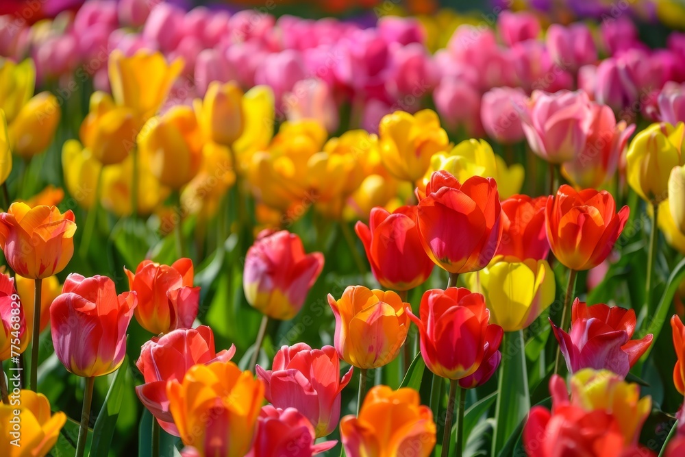 Colorful tulips in sunlight with blurred background, vibrant spring flowers