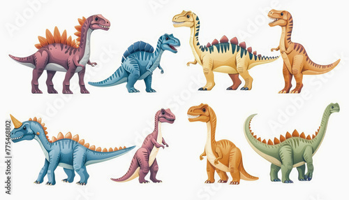 Illustration of eight different colorful dinosaurs, showcasing diverse species with distinct features such as horns, plates, and long necks. photo