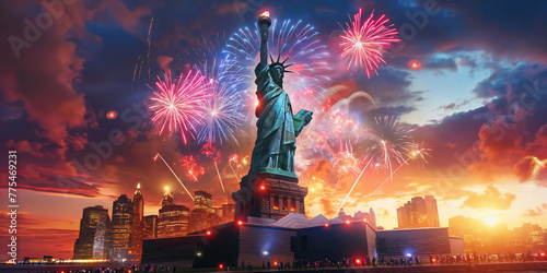 New York Manhattan panorama with Liberty Statue and America USA flag, vanilla sky lots of fireworks at sunset. 4 July Independence Day celebration