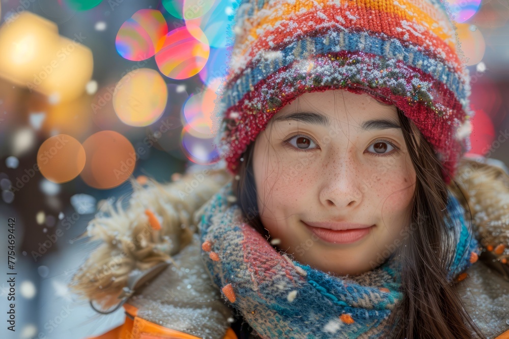 Young Woman Smiling in Snowfall Wearing Colorful Knit Hat and Winter Scarf with Festive Bokeh Lights Background Young Woman Smiling in Snowfall Wearing Colorful Knit Hat and Winter Scarf with Festive Bokeh Lights Background