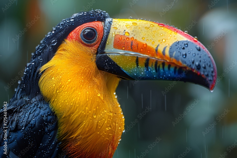 Fototapeta premium Colorful toucan in the rain, a vibrant spectacle with its vivid beak colors and wet feathers against the lush green tropical backdrop.