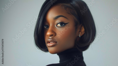 With a sleek bob and bold winged eyeliner a black woman radiates confidence in a mini skirt and turtleneck sweater channeling the chic and timeless style of the 60s. .