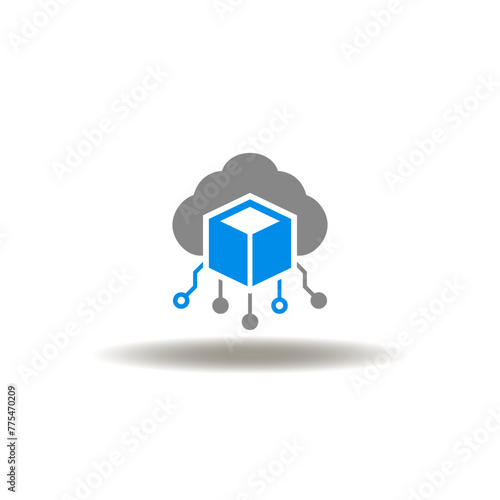 Vector illustration of cloud with 3d cube and circuit pattern. Icon of web3 blockchain technology. Symbol of smart web.