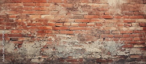 Detailed view of a textured brick wall with a prominent white and red sign attached