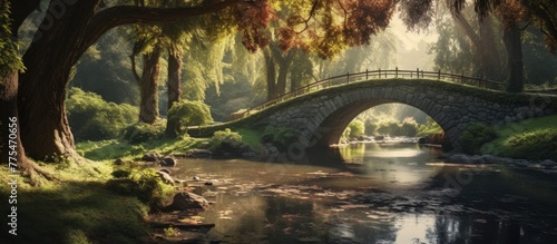 A scenic view of a sturdy bridge stretching over a tranquil river surrounded by lush green trees in the forest