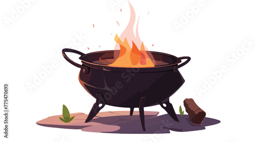 Black camping pot on a bonfire cooking vector 2d fl