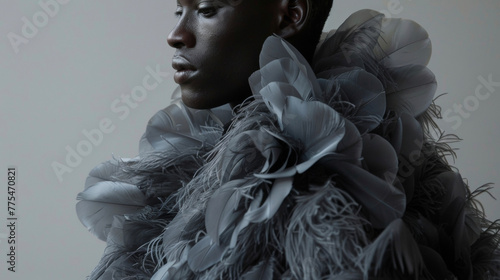 The soft feathers of a black mans dress coat seem to defy gravity as they cascade down his form creating a fluid yet structured silhouette. The muted colors add a touch of elegance . photo