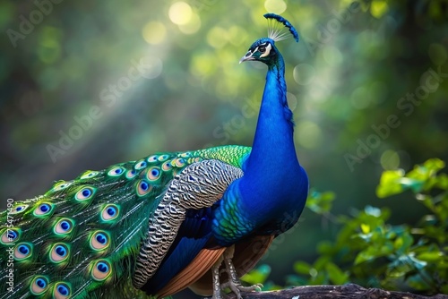 A real peacock sitting on a tree with an open feathers
