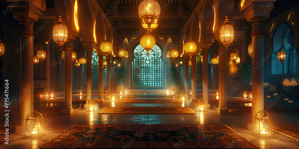 Obraz premium Gilded Glory: glowing candles in a mosque for aftaar time fasting concept of prayer
