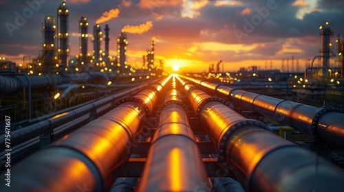 Pipes, tubes, machinery and steam turbine at a power plant. Equipment of oil refining, Oil and gas refinery area.