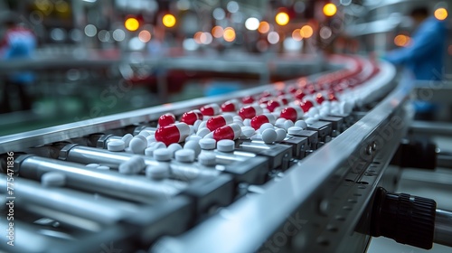 Pills and Capsules Manufacturing Process. Close-up Shot of Medical Drug Production Line. White Painkiller Pills are Moving on Conveyor at Modern Pharmaceutical Factory. 