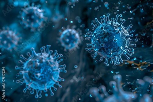 a closeup microscopic photo of blue virus cell, ai generated
