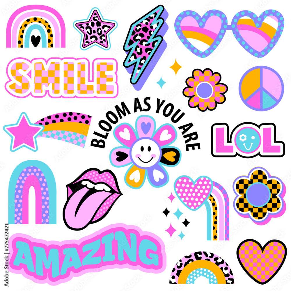 Set of cute stickers with funny elements. Girlish stickers in bright colours isolated on white background. Fashion patch in retro groovy style.