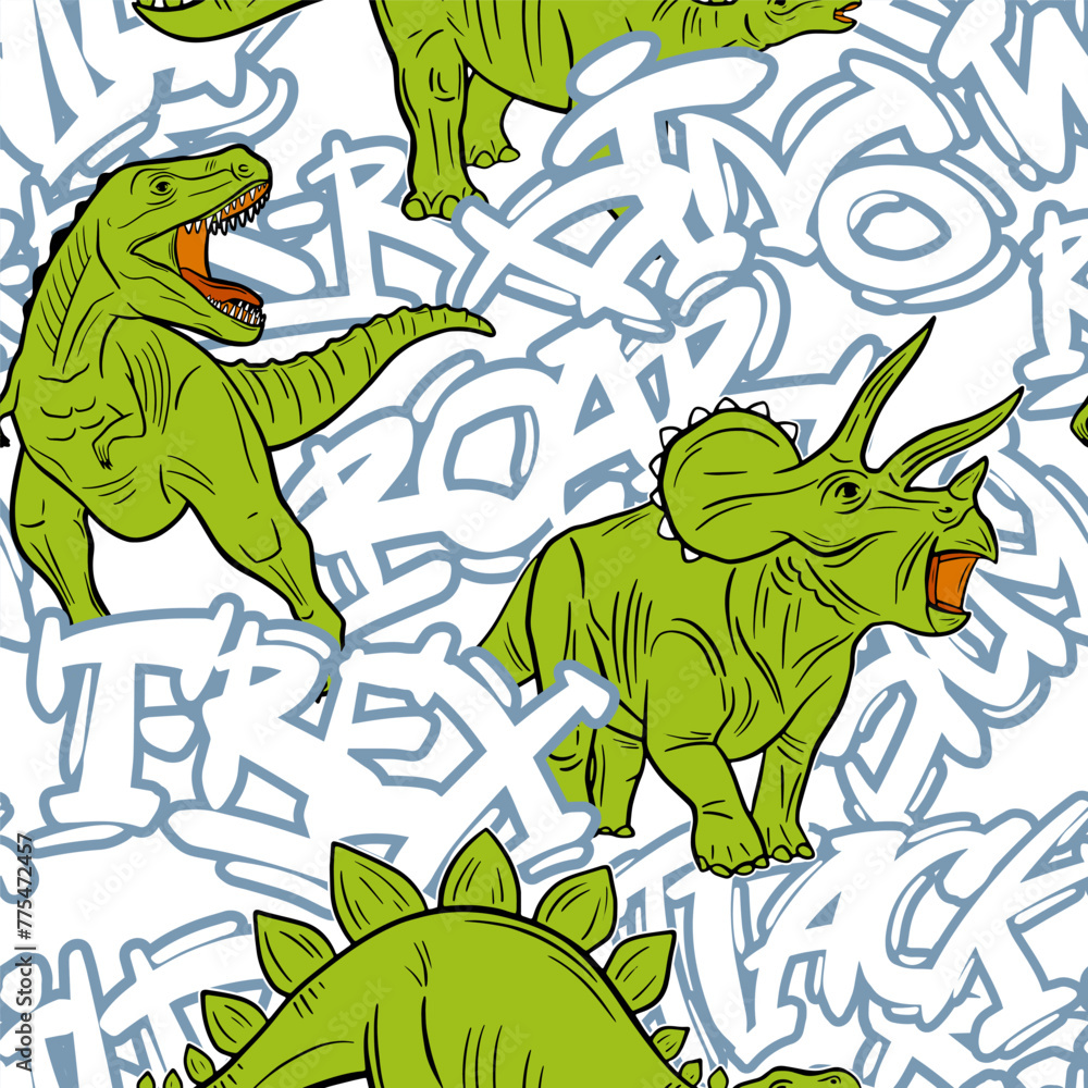 Obraz premium Grunge seamless pattern with dinosaur and graffiti words on white background. Print for boys. 