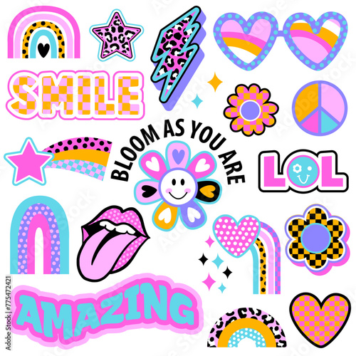 Set of cute stickers with funny elements. Girlish stickers in bright colours isolated on white background. Fashion patch in retro groovy style.