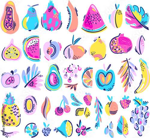 Set of abstract tropics fruits. Elements in bright colours isolated on white background. Fashion exotics style.