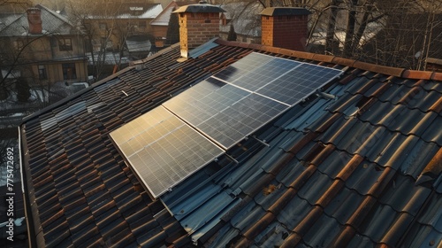 Solar panels on roof of house, realistic details, high-quality rembrandt studio lighting