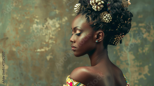 With a serene expression a black woman poses gracefully her hair adorned with a intricate arrangement of Bantu knots and adorned with traditional cowrie shell accessories. She wears . photo