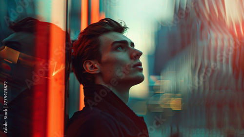 A man with a sharp jawline and chiseled features gazes into the distance the contours of his face mirroring the angular design of the buildings that surround him. As if harnessed by .