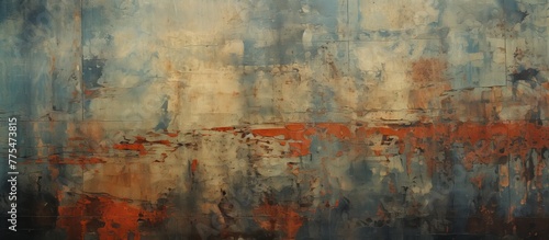 Detailed view of a painting depicting a weathered wall covered in rust, prominently featuring a bold red line running through it