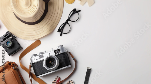 Top view of traveler accessories on Retro Background with empty space for text, tropical palm leaf & Retro camera, Travelling in summer holidays vacation banner concept