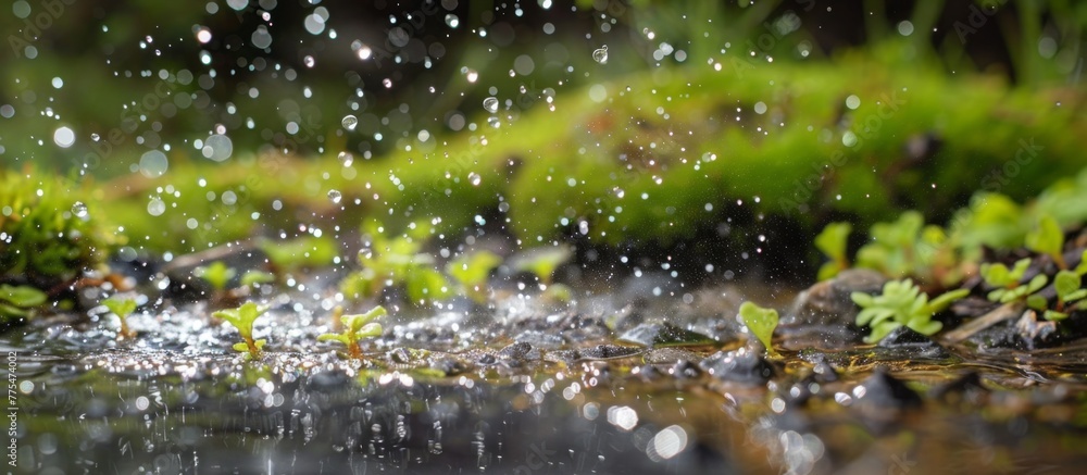 A small stream of water with a green plant A small stream of water with a green plant