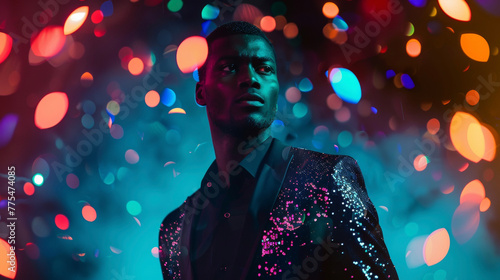 A handsome black man poses on a stage the vibrant lights creating a hypnotizing kaleidoscope effect on his sleek black suit and sparkling sequins. His poised stance and intense gaze . photo