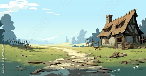 cartoon background of a decrepit english manor house with a thatch roof in the style of Pierre Culliford, minimal, simplified, speed painting,, 1960s photo