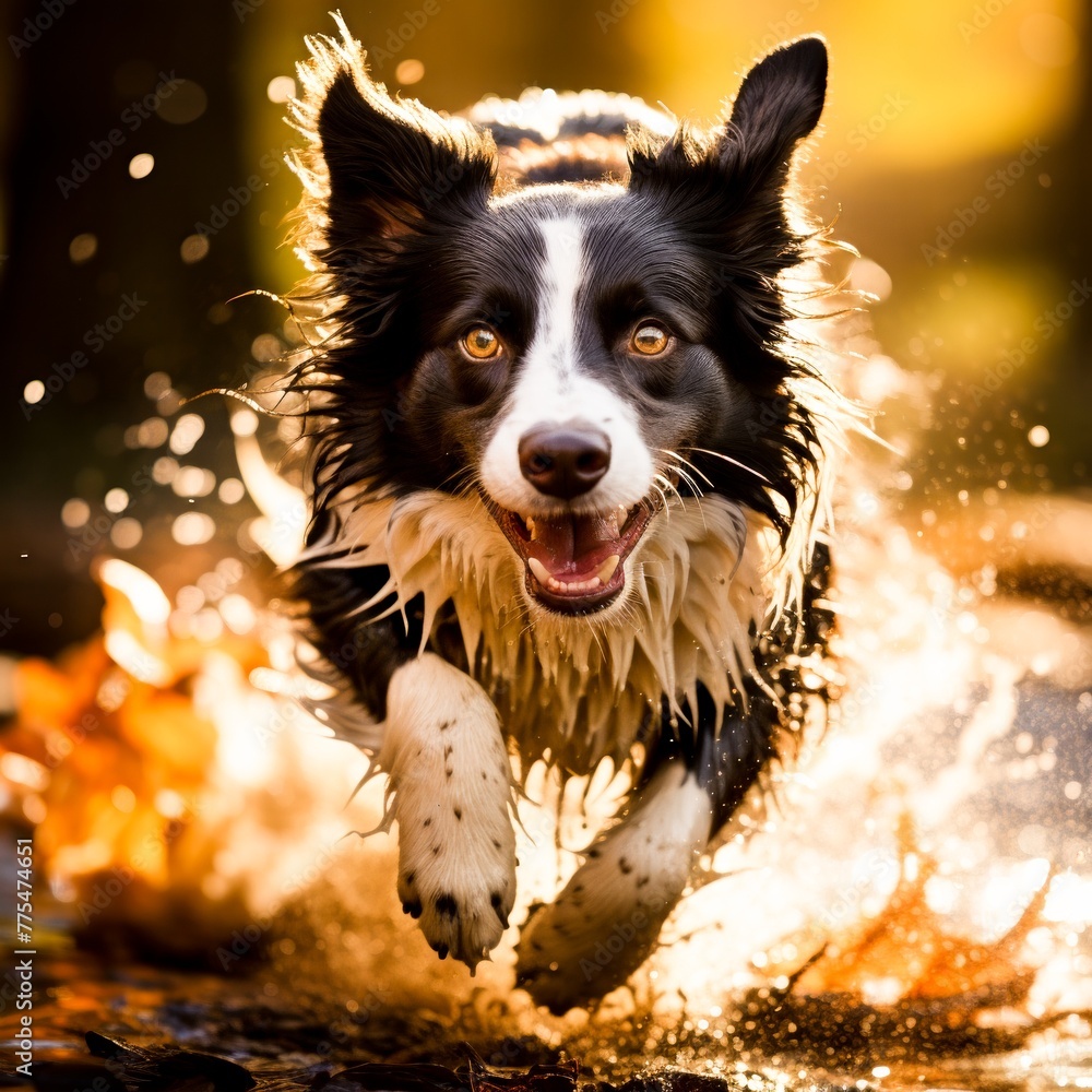Dog running in a puddle of water in the forest Dog running in a puddle of water in the forest