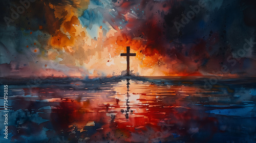 Immerse the Cross in a symphony of vibrant watercolors, embodying the essence of divine grace