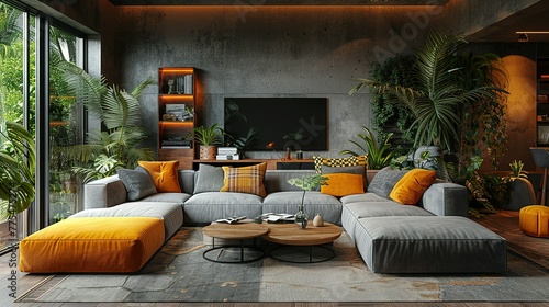 Loft interior design of modern living room, home. Tufted grey sofa with yellow pillows and plaid near tv unit and vibrant yellow pouf in room with concrete wall