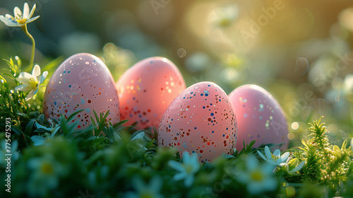 Pastel Meadows: Delicate Easter eggs peeking out from soft, pastel-colored grass tufts-3