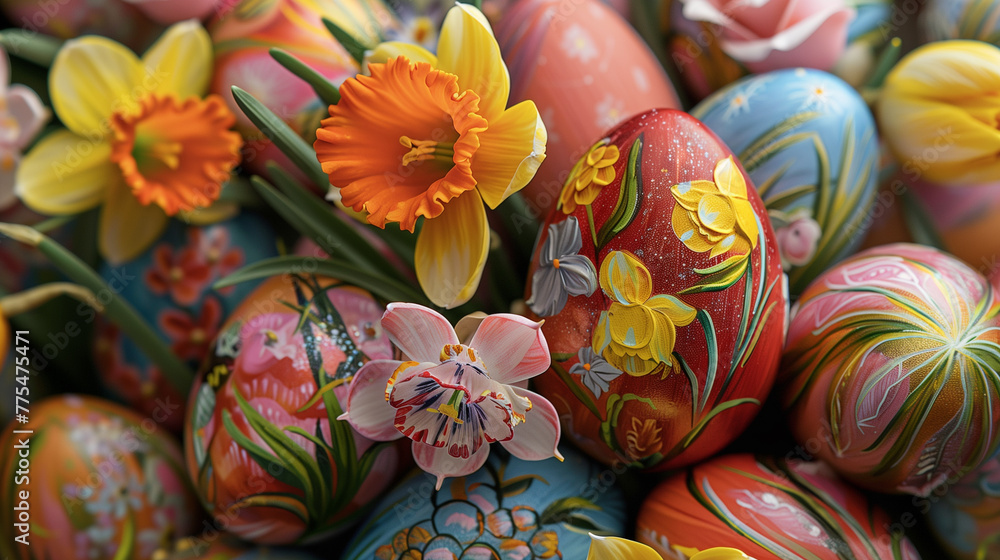 Vibrant daffodils and tulips intertwine gracefully on hand-painted Easter eggs, creating a stunning display of spring's beauty-3