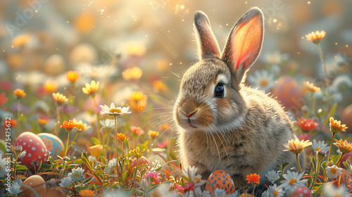 Vibrant springtime meadow with a playful bunny hopping among blooming flowers and colorful orange eggs scattered around-1