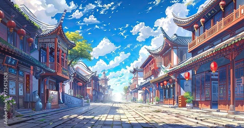 Cartoon illustration style, wide and narrow alleys, stone roads, Chinese buildings on both sides, blue sky and white clouds