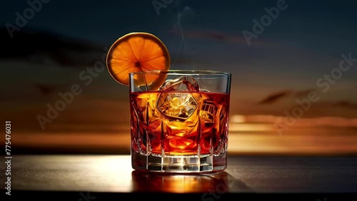 Cocktail with ice and lemon on a background of sunset and shooting stars 