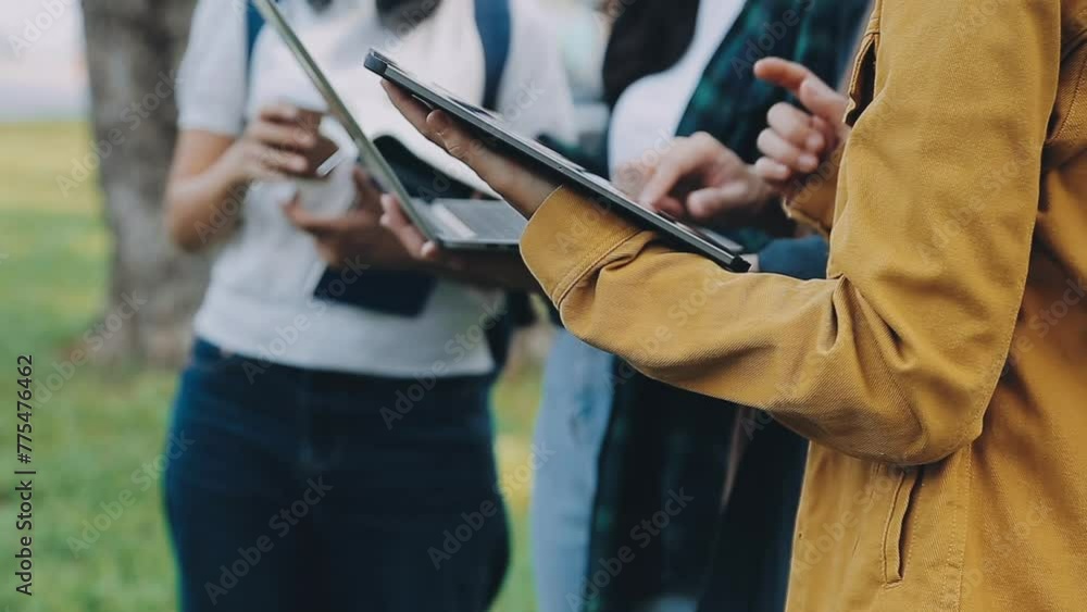 Group of Young Asian student walking and talking at university before class room. education, back to school concept Group of Young Asian student walking and talking at university before class room. education, back to school concept