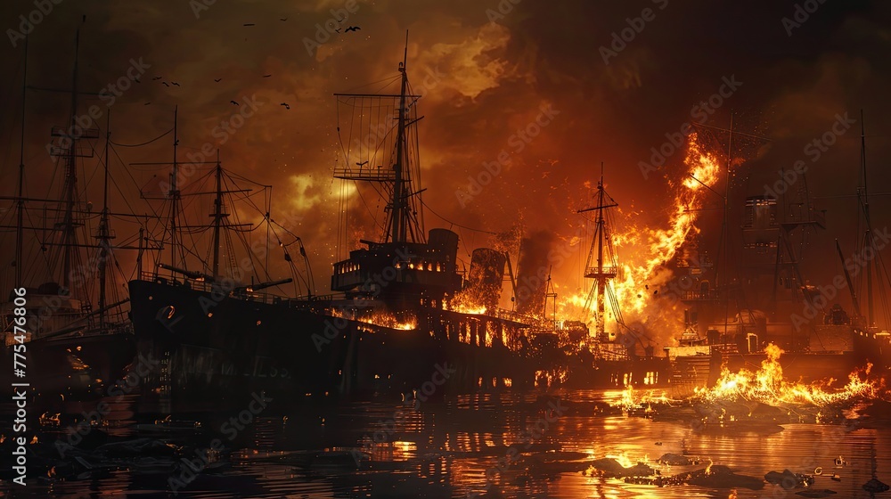 Burning naval vessel in the port