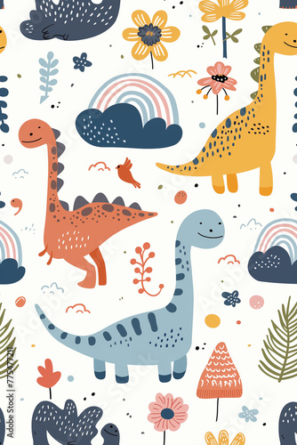 A cute kawaii design featuring dinosaurs, clouds, flowers, trees, rainbows and dinosaur patterns. in a minimalistic illustration style similar to Crayon doodle drawing Artwork