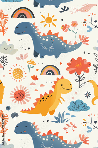 A cute kawaii design featuring dinosaurs  clouds  flowers  trees  rainbows and dinosaur patterns. in a minimalistic illustration style similar to Crayon doodle drawing Artwork