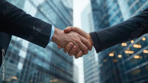 Two businessman shake hand with partner to celebration partnership and business deal concept.